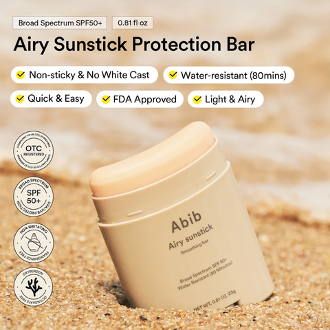 Abib Airy Sunstick SPF50+ PA++++ lightweight sunscreen stick with water-resistant and no white cast benefits