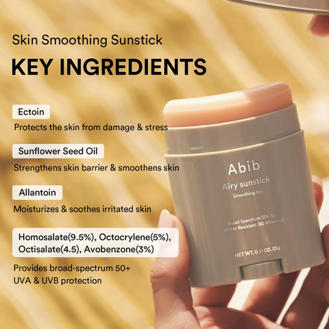 Abib Airy Sunstick key ingredients including Ectoin, Sunflower Seed Oil and Allantoin for skin protection