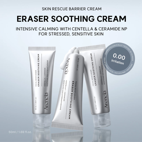 Arencia Eraser Soothing Cream formulated with Centella and Ceramide to calm redness and strengthen the skin barrier.