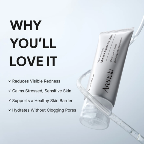 Arencia Eraser Soothing Cream helps soothe irritation, repair the skin barrier and provide lightweight hydration.