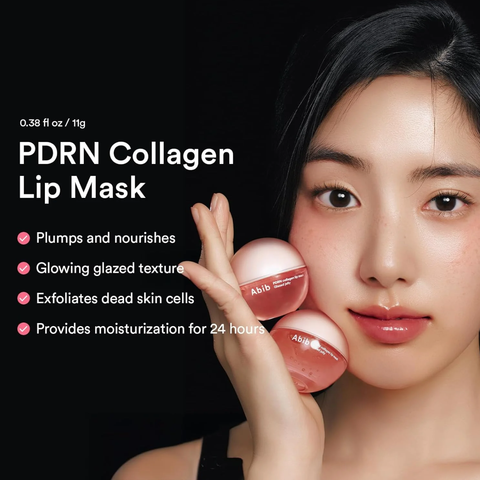 Model holding Abib PDRN Collagen Lip Mask Glazed Jelly showing glossy, hydrated and visibly plump lips.