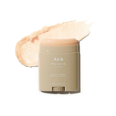 Abib Airy Sunstick Smoothing Bar SPF50+ PA++++ product on white background with texture swatch