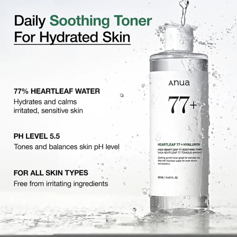 Anua Heartleaf 77+ Hyaluron Soothing Toner for hydrated skin