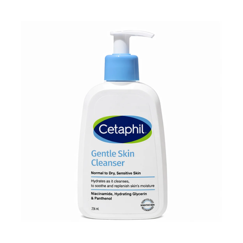 Cetaphil Gentle Skin Cleanser 236ml for normal to dry sensitive skin. Soap-free facial cleanser with niacinamide, panthenol and glycerin that gently cleanses while protecting the skin barrier.
