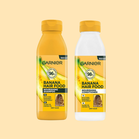 Garnier Ultimate Blends Banana Hair Food Nourishing Shampoo and Conditioner Duo 350ml each for dry frizzy hair, available in Sri Lanka.